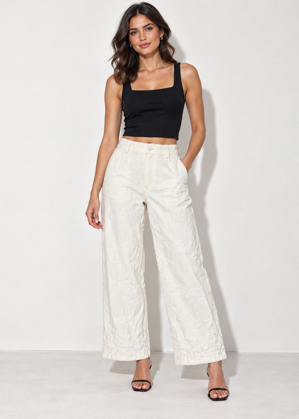 Zara ZW Collection Embroidered Wide-Leg Pants